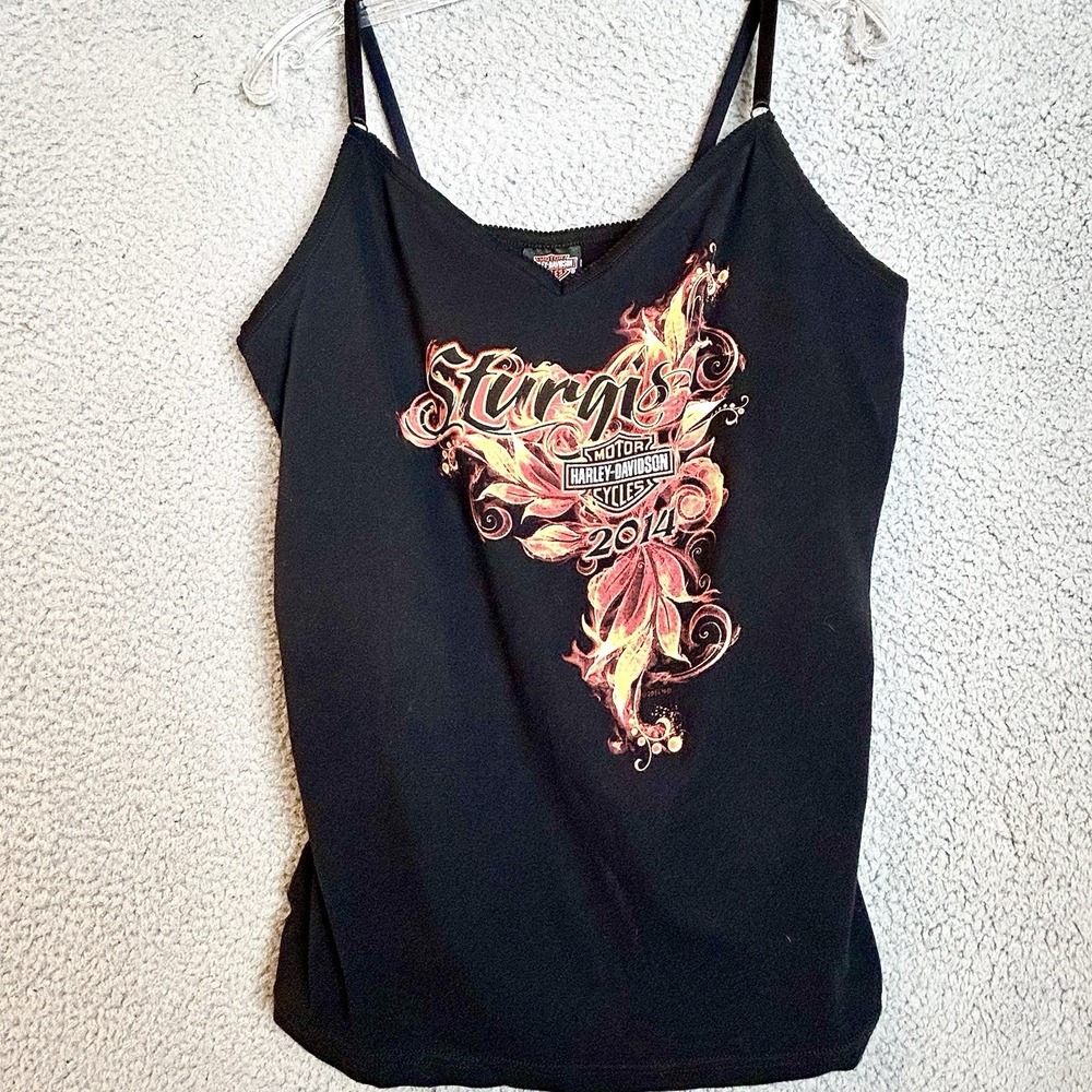 Vintage Harley Davidson Tank Top Womens 2XL Black Flames South Dakota Biker Top